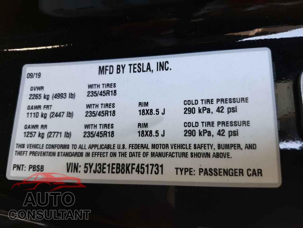 TESLA MODEL 3 2019 - 5YJ3E1EB8KF451731