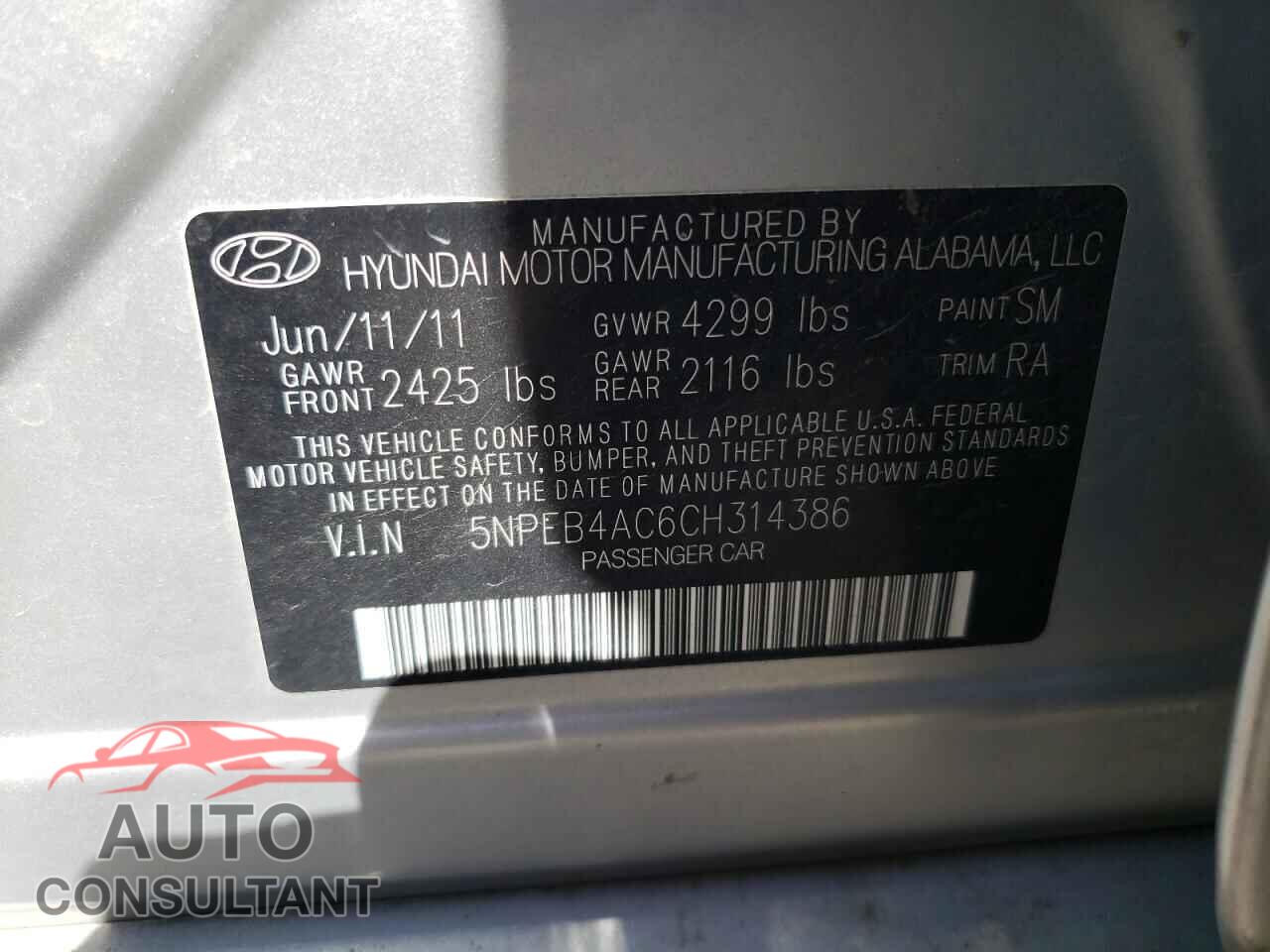 HYUNDAI SONATA 2012 - 5NPEB4AC6CH314386