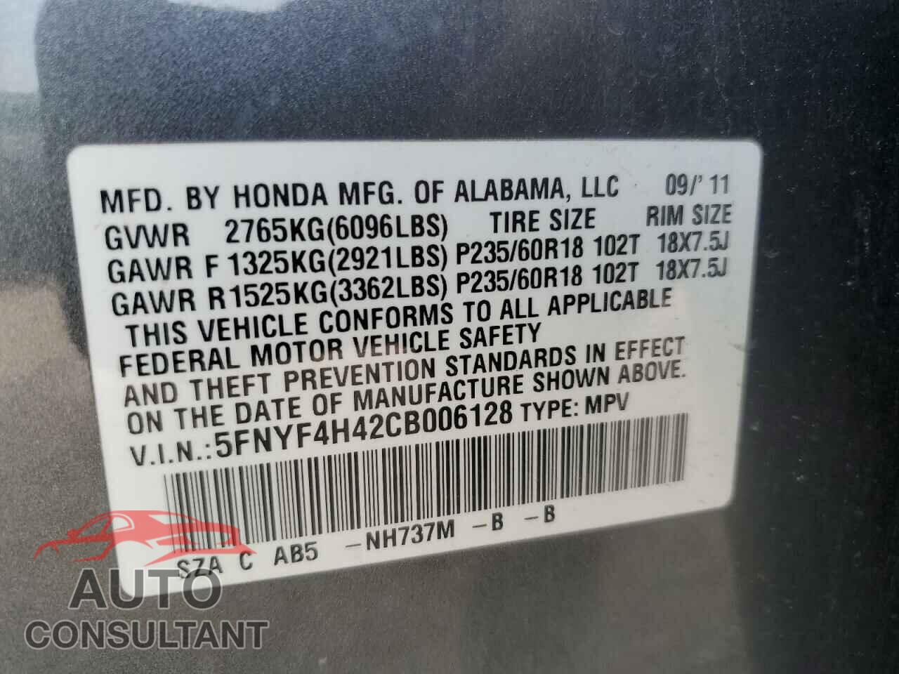 HONDA PILOT 2012 - 5FNYF4H42CB006128