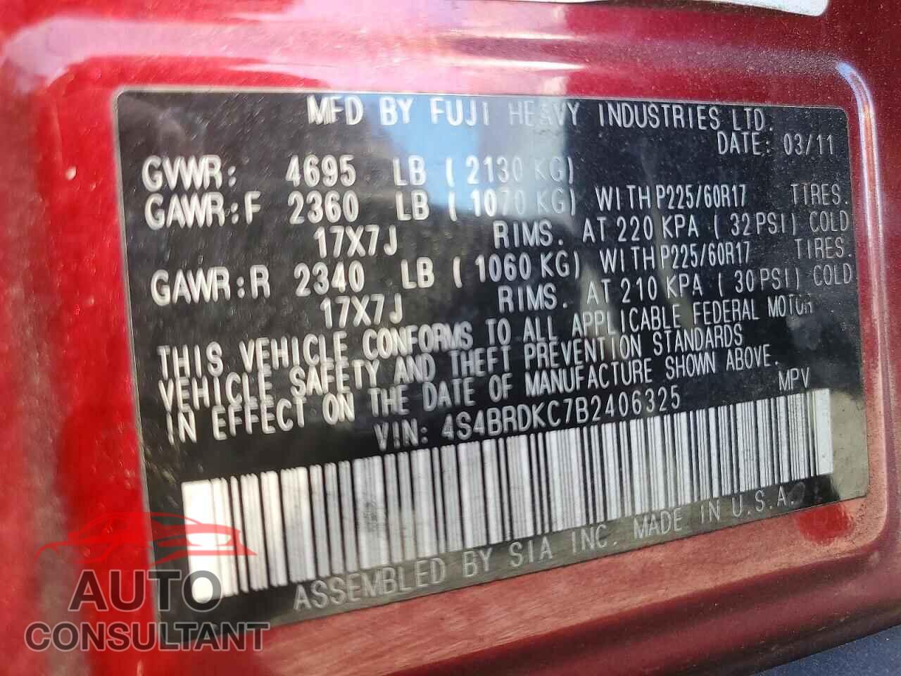 SUBARU OUTBACK 2011 - 4S4BRDKC7B2406325