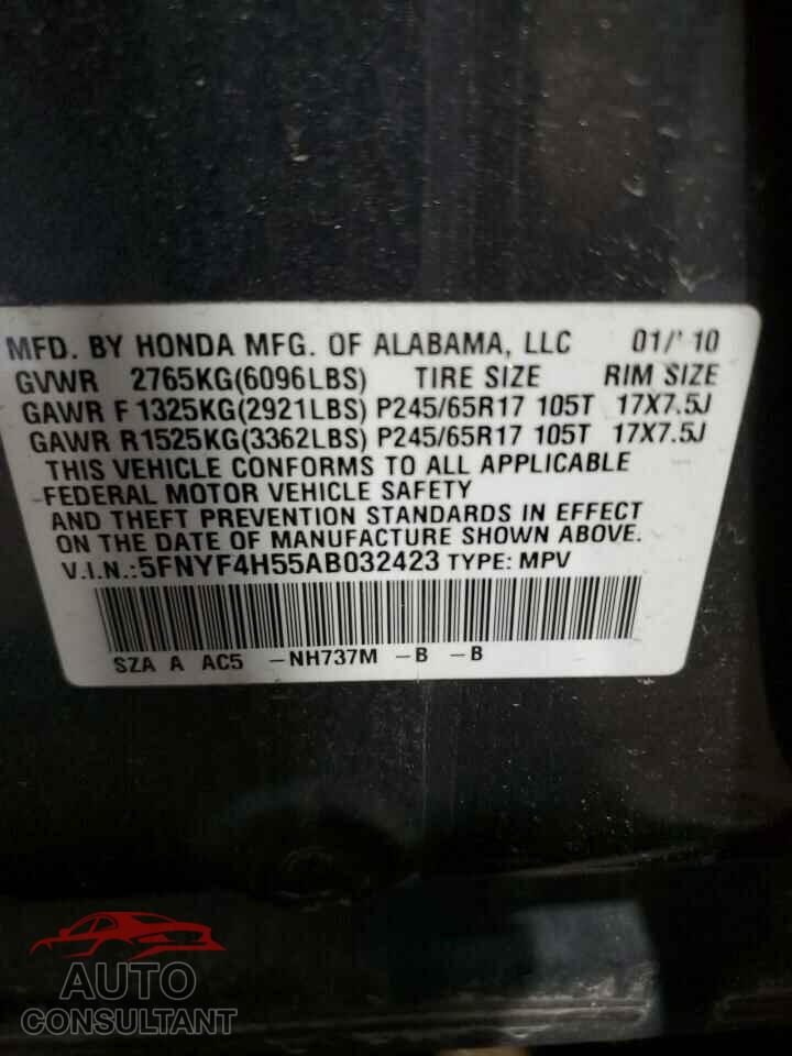 HONDA PILOT 2010 - 5FNYF4H55AB032423
