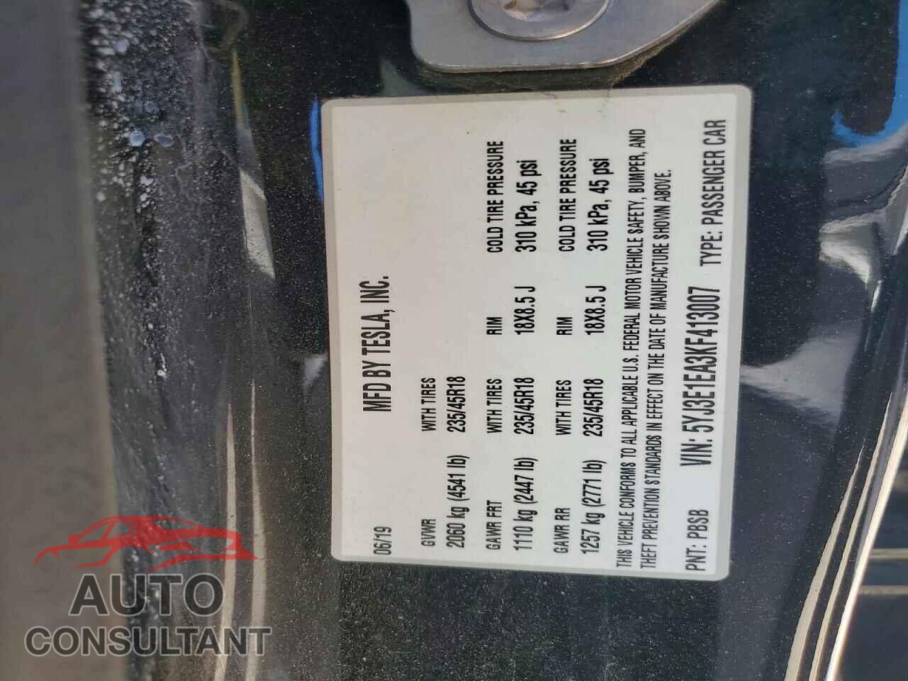 TESLA MODEL 3 2019 - 5YJ3E1EA3KF413007