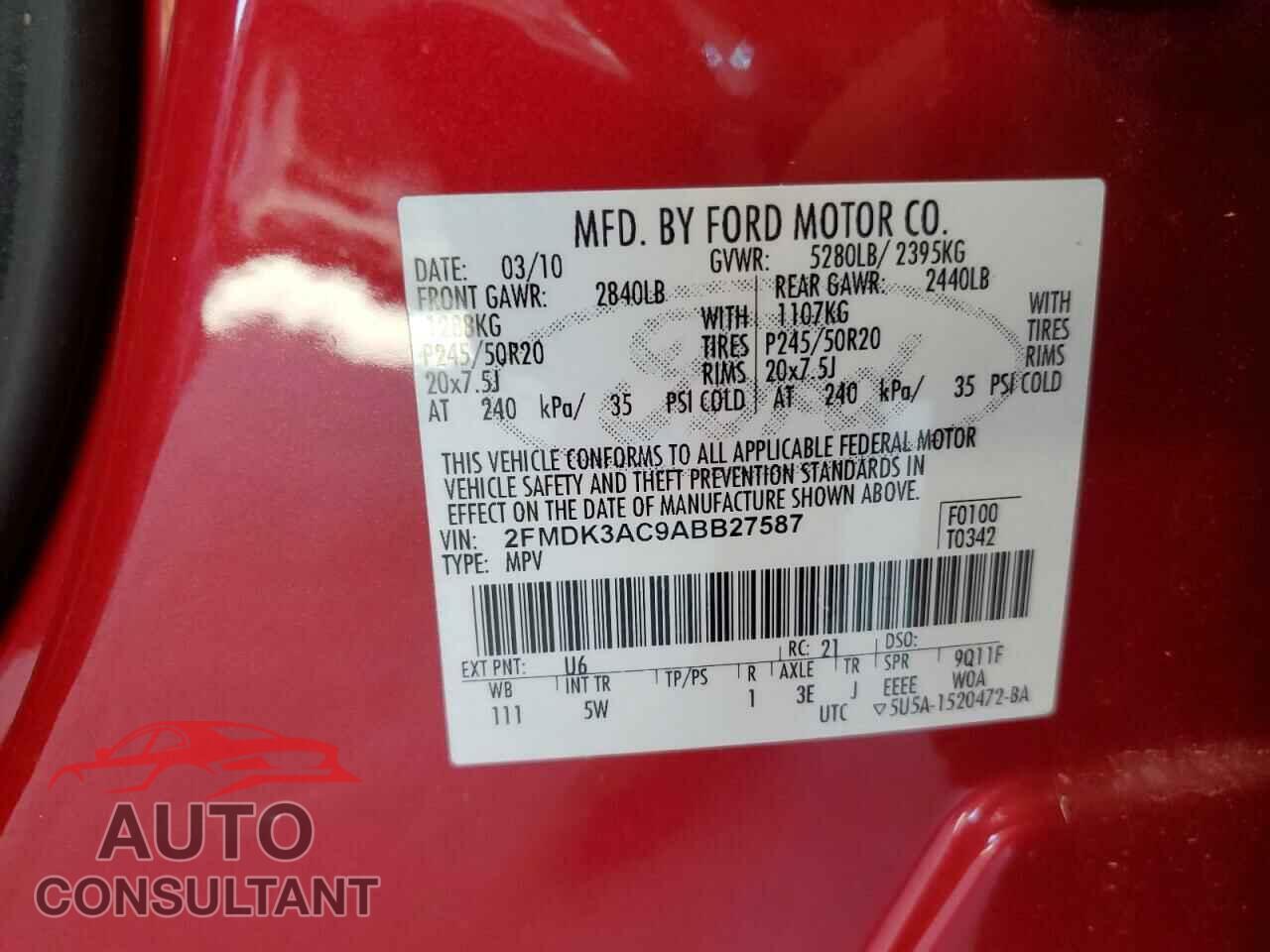 FORD EDGE 2010 - 2FMDK3AC9ABB27587