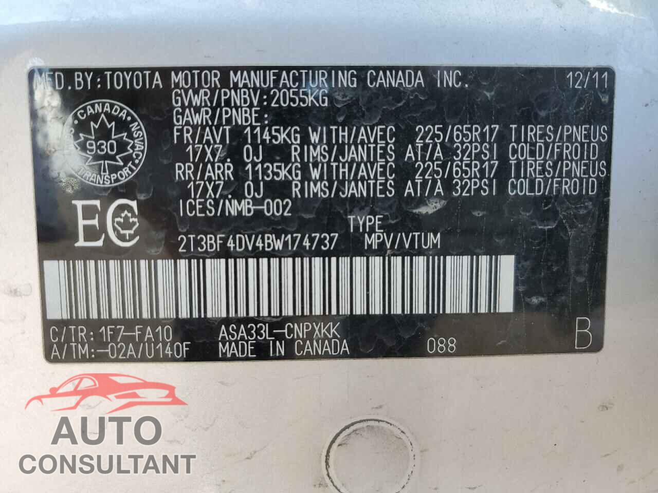 TOYOTA RAV4 2011 - 2T3BF4DV4BW174737
