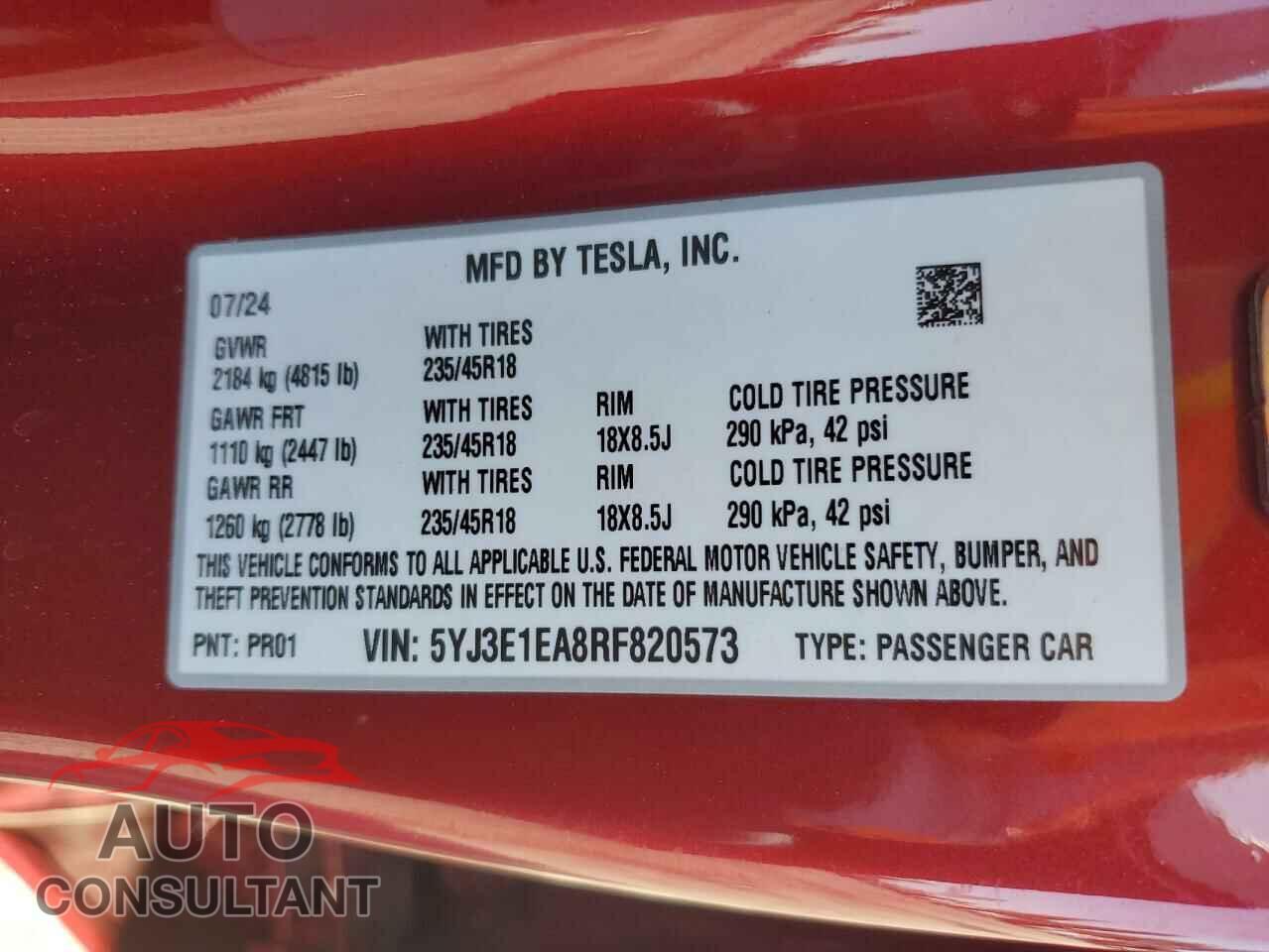 TESLA MODEL 3 2024 - 5YJ3E1EA8RF820573