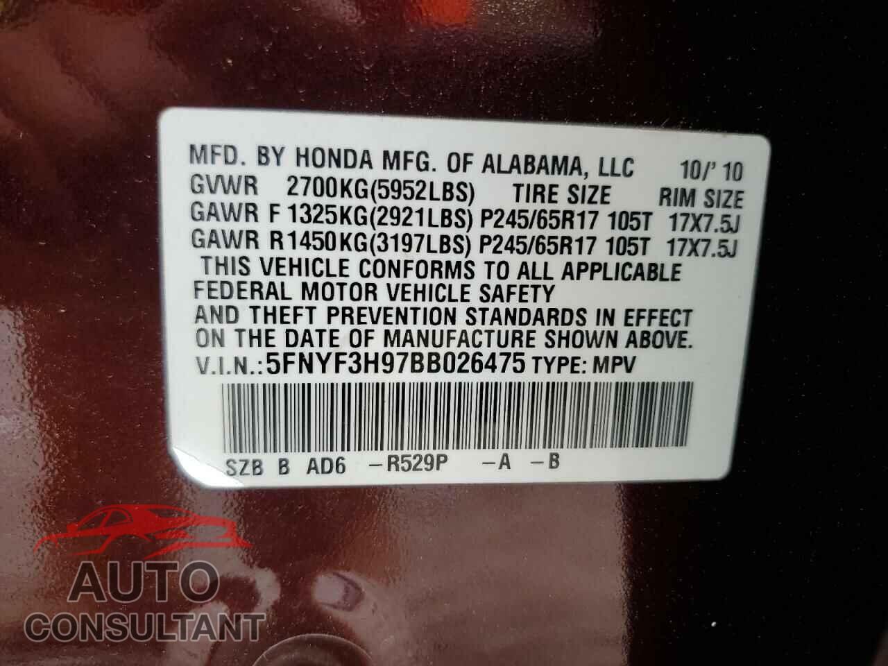 HONDA PILOT 2011 - 5FNYF3H97BB026475