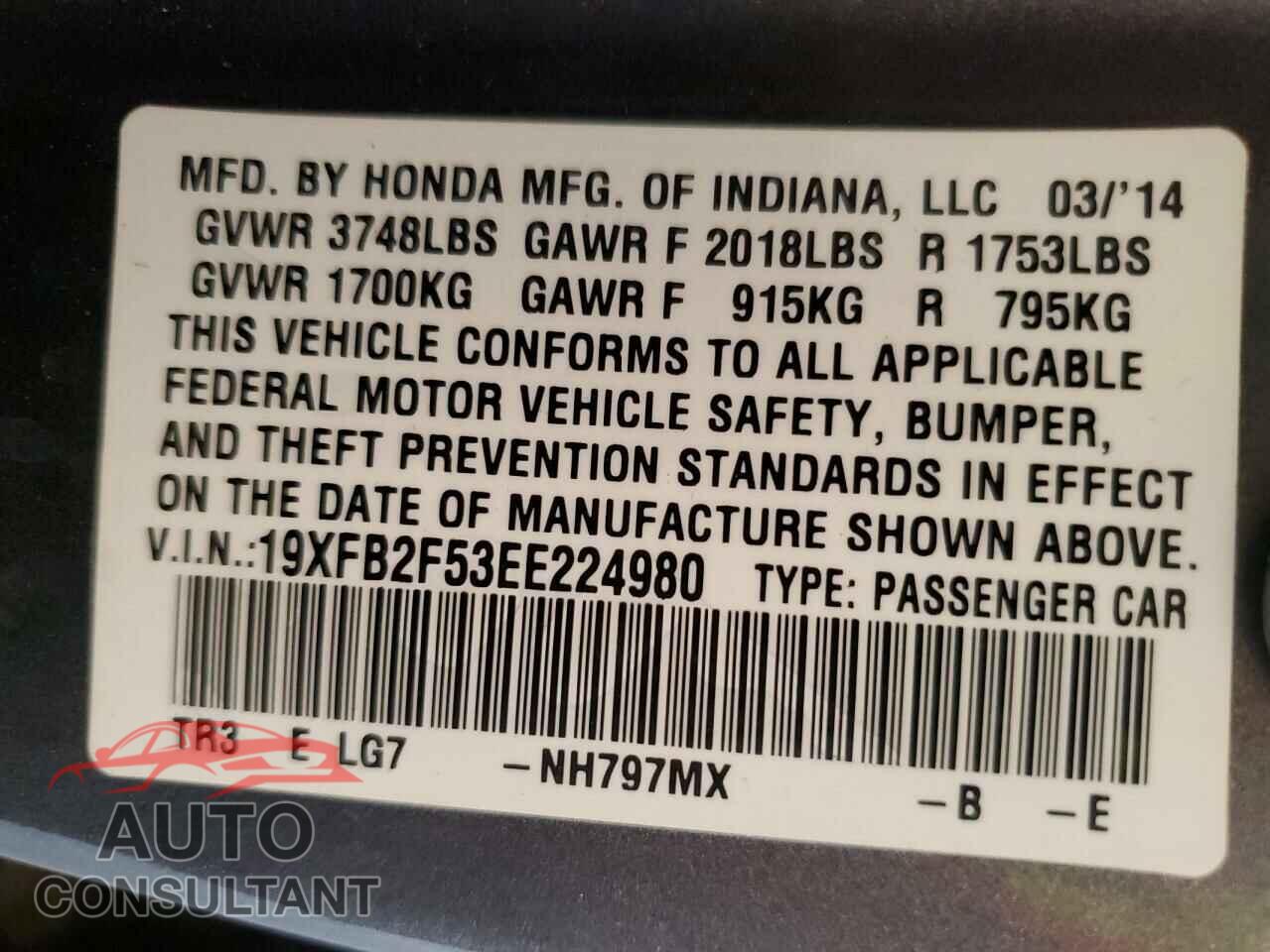 HONDA CIVIC 2014 - 19XFB2F53EE224980