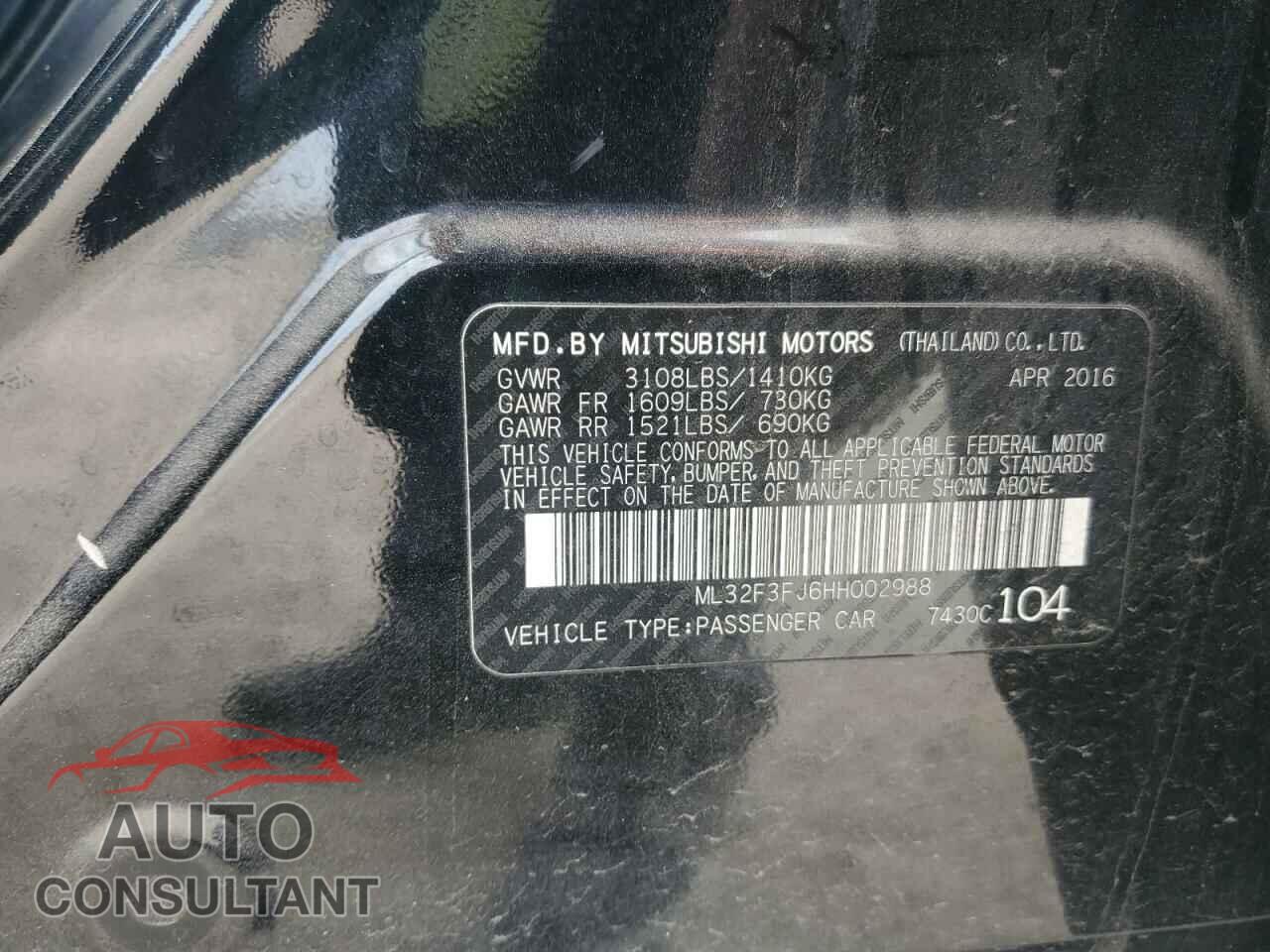 MITSUBISHI MIRAGE 2017 - ML32F3FJ6HH002988