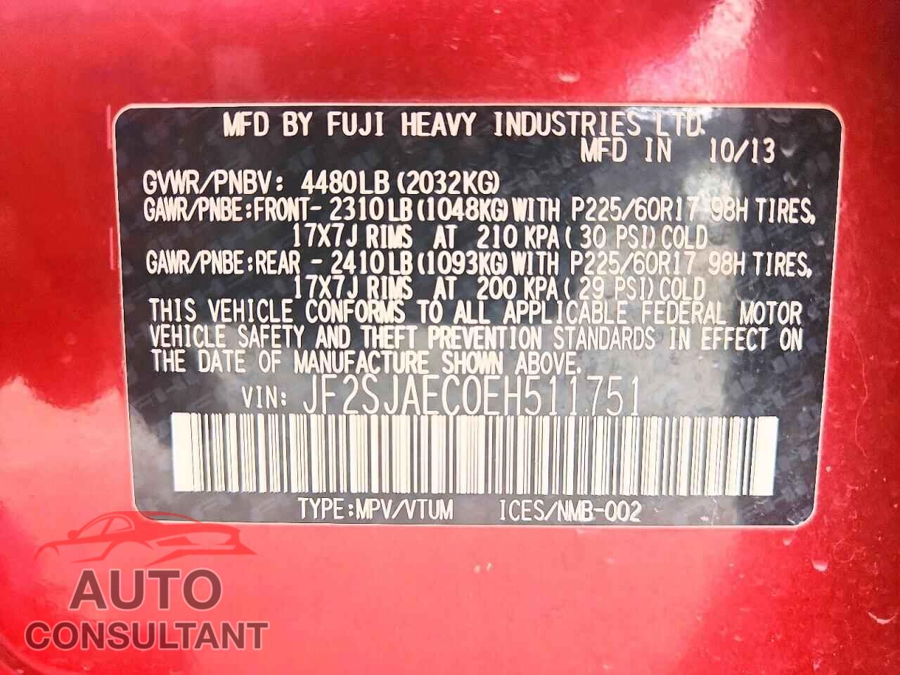 SUBARU FORESTER 2014 - JF2SJAEC0EH511751