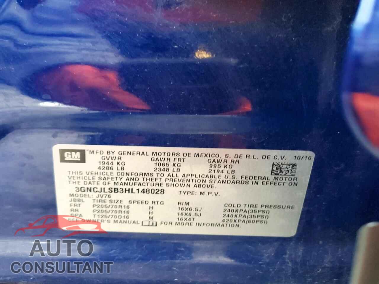 CHEVROLET TRAX 2017 - 3GNCJLSB3HL148028