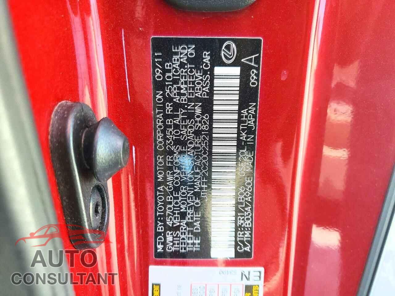 LEXUS IS 2012 - JTHFF2C20C2521826