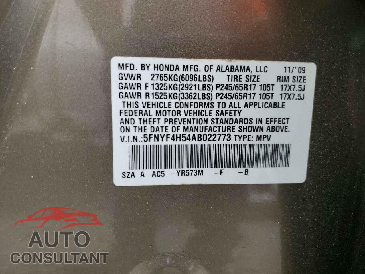 HONDA PILOT 2010 - 5FNYF4H54AB022773