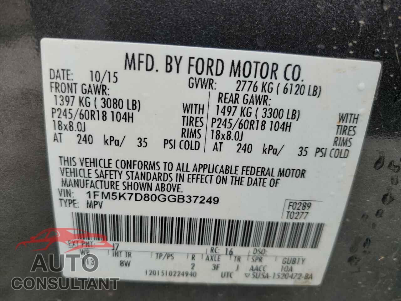 FORD EXPLORER 2016 - 1FM5K7D80GGB37249