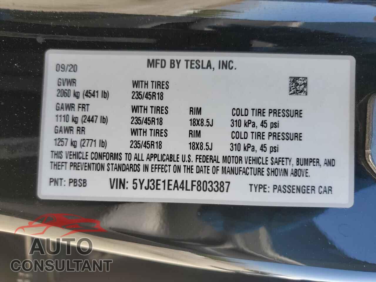 TESLA MODEL 3 2020 - 5YJ3E1EA4LF803387