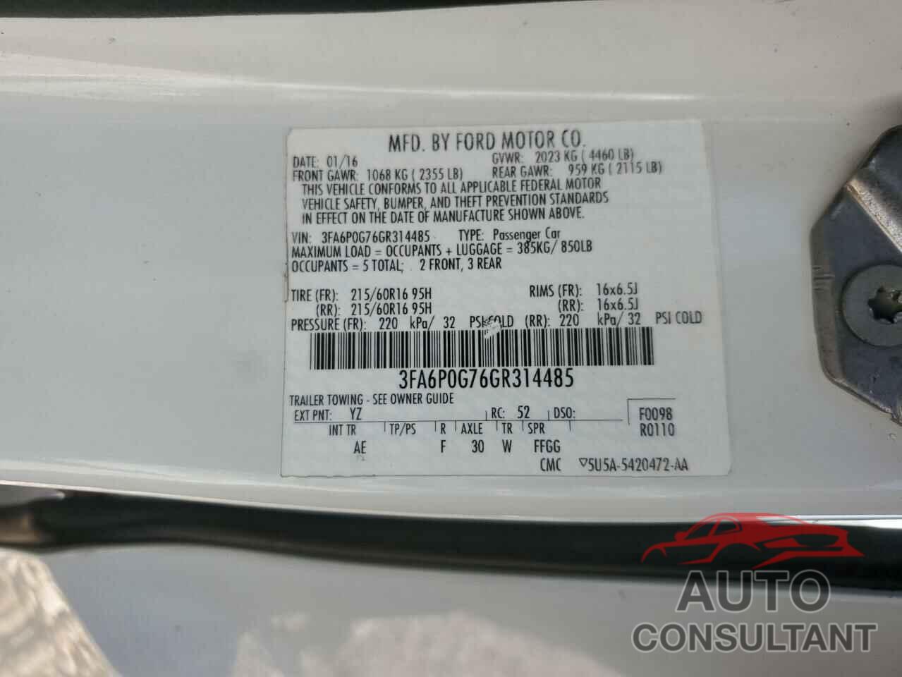FORD FUSION 2016 - 3FA6P0G76GR314485