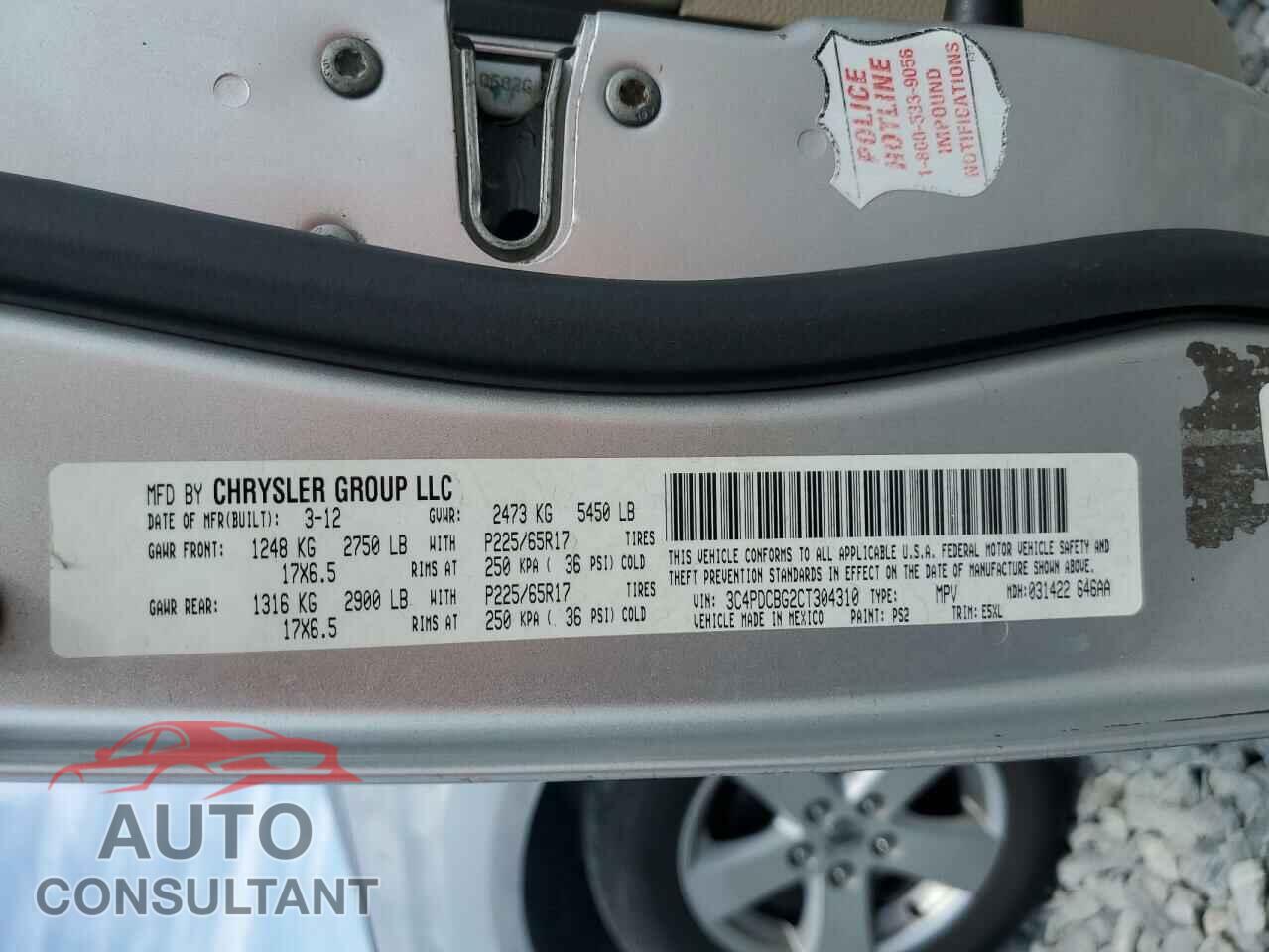 DODGE JOURNEY 2012 - 3C4PDCBG2CT304310