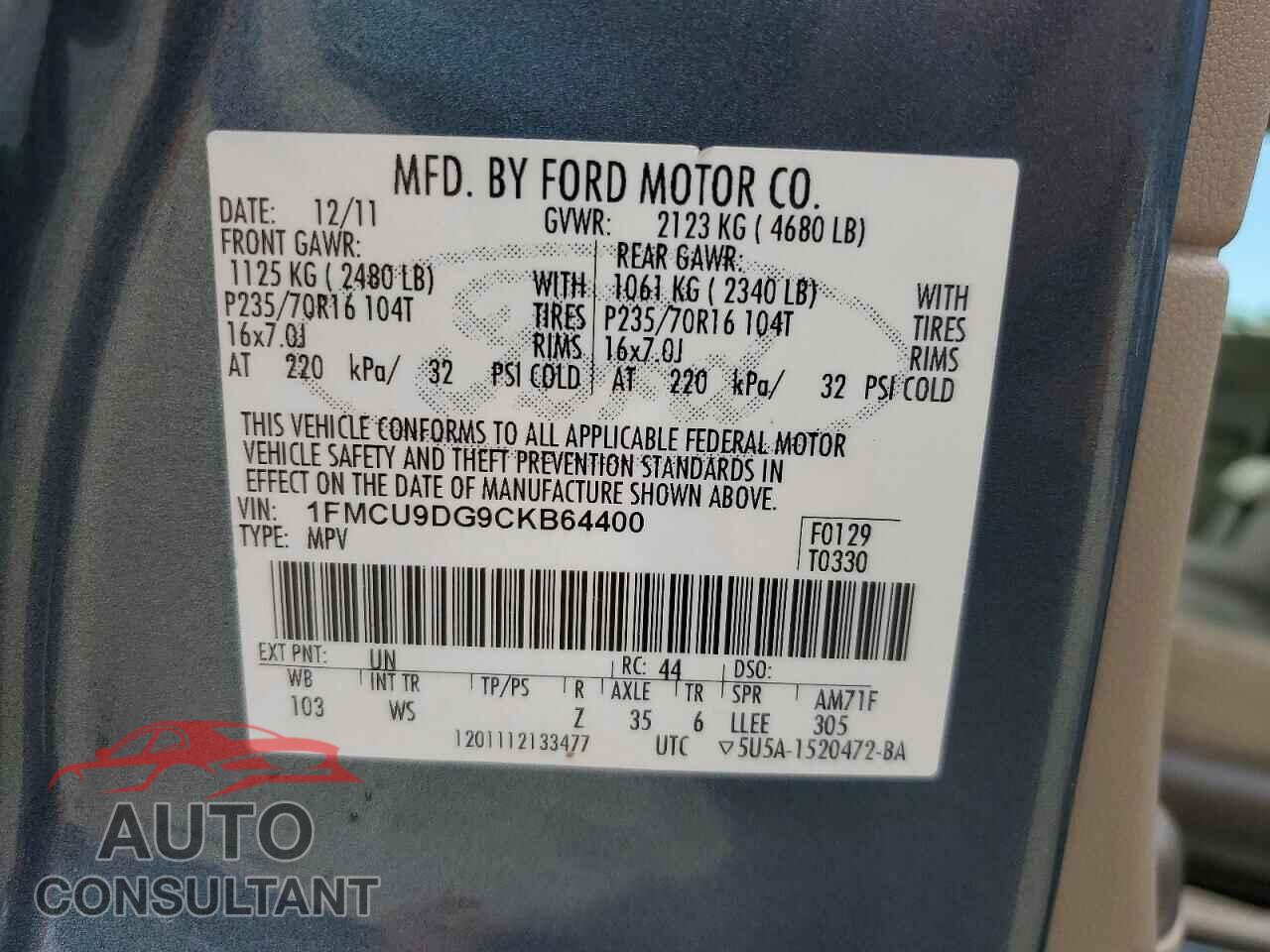 FORD ESCAPE 2012 - 1FMCU9DG9CKB64400