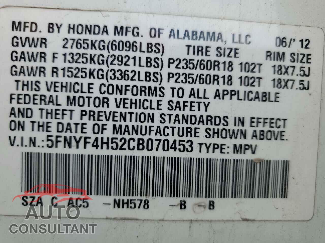 HONDA PILOT 2012 - 5FNYF4H52CB070453