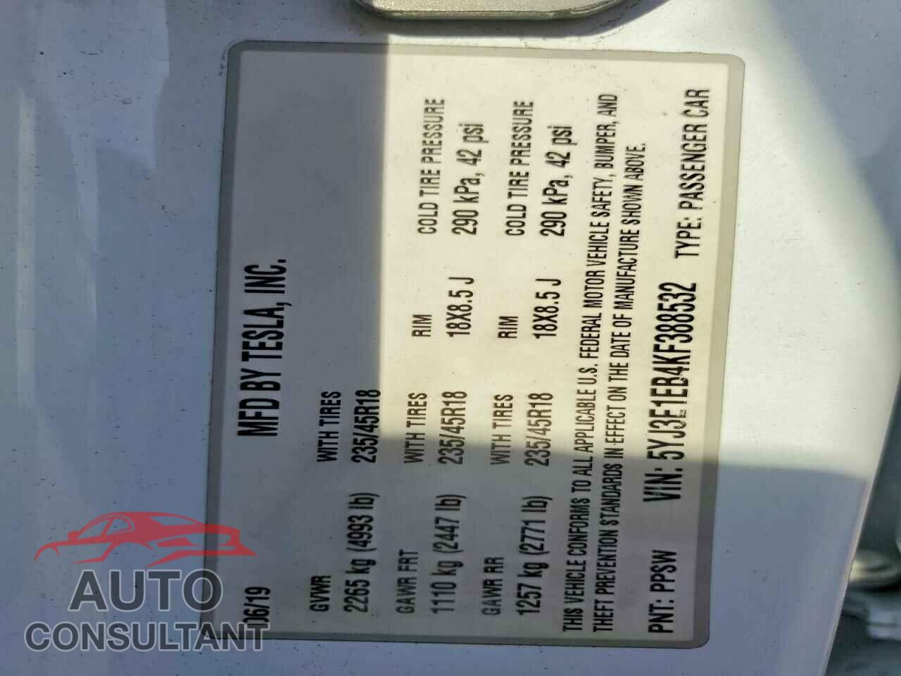 TESLA MODEL 3 2019 - 5YJ3E1EB4KF388532