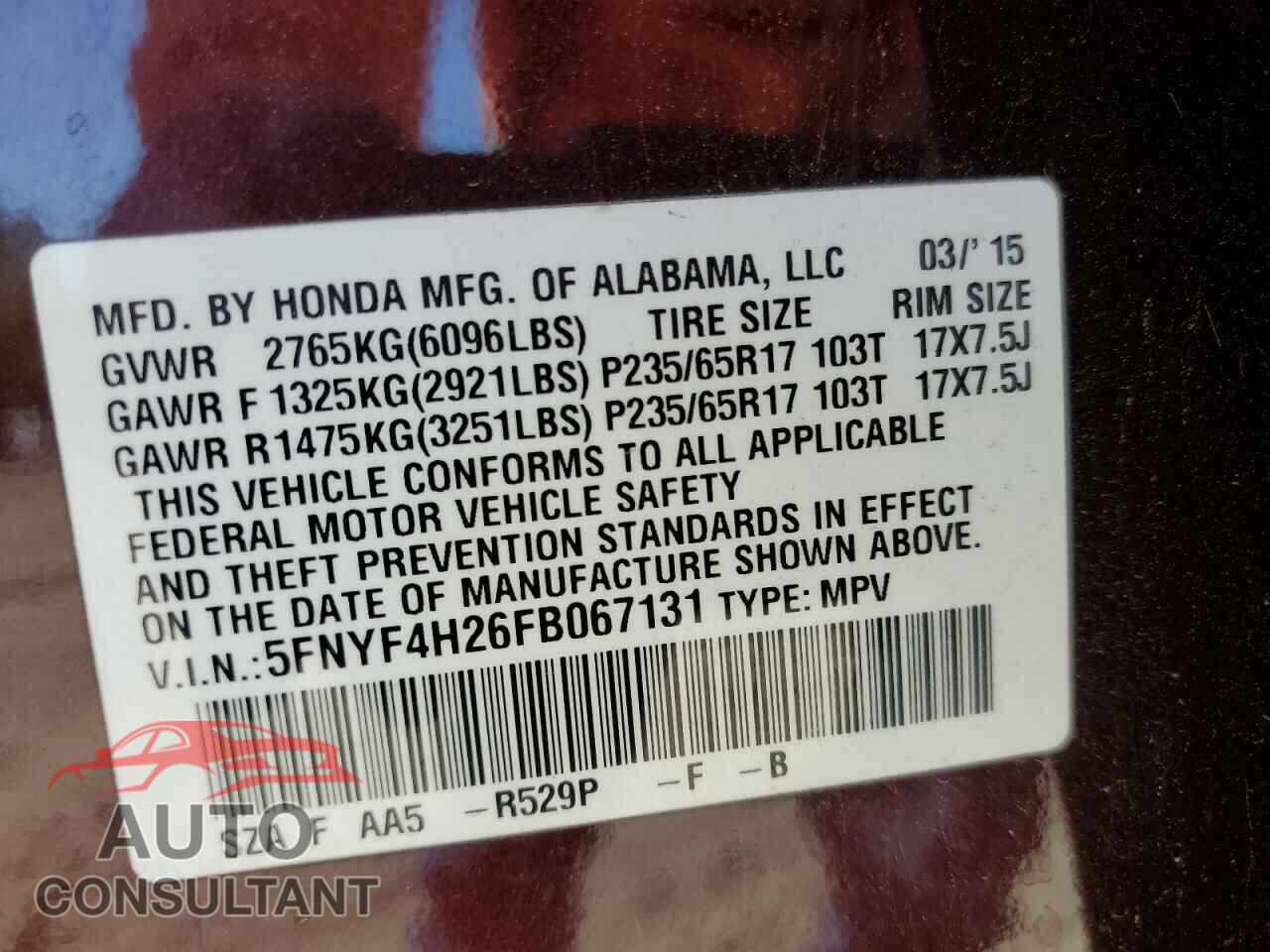 HONDA PILOT 2015 - 5FNYF4H26FB067131