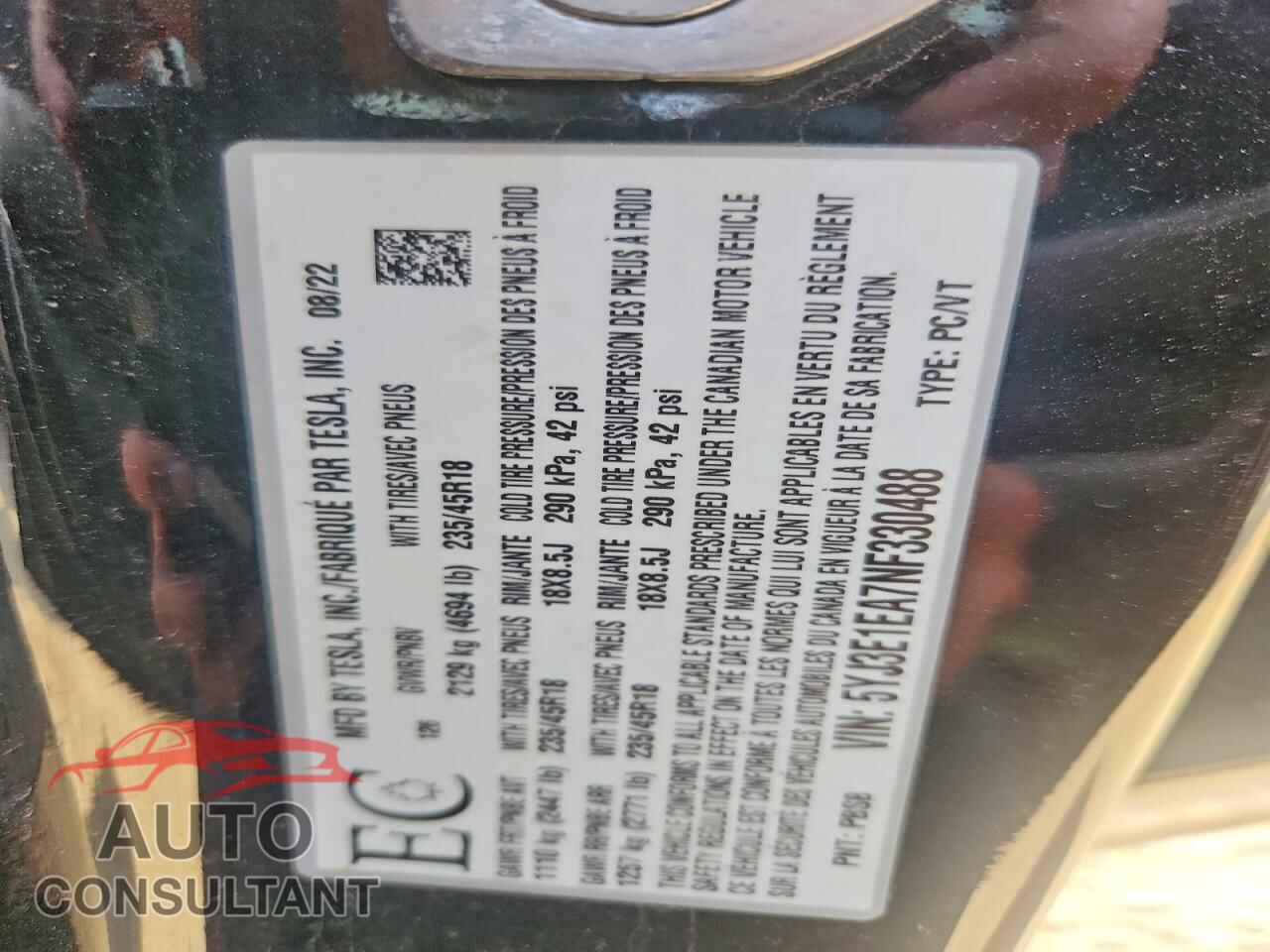 TESLA MODEL 3 2022 - 5YJ3E1EA7NF330488