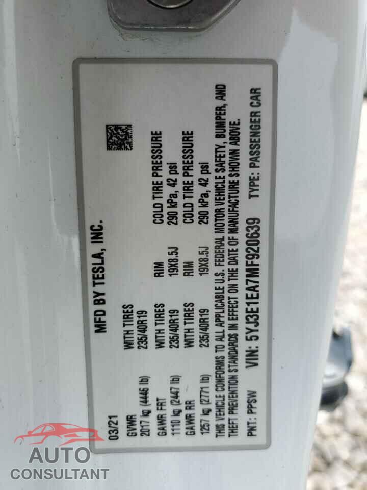 TESLA MODEL 3 2021 - 5YJ3E1EA7MF920639