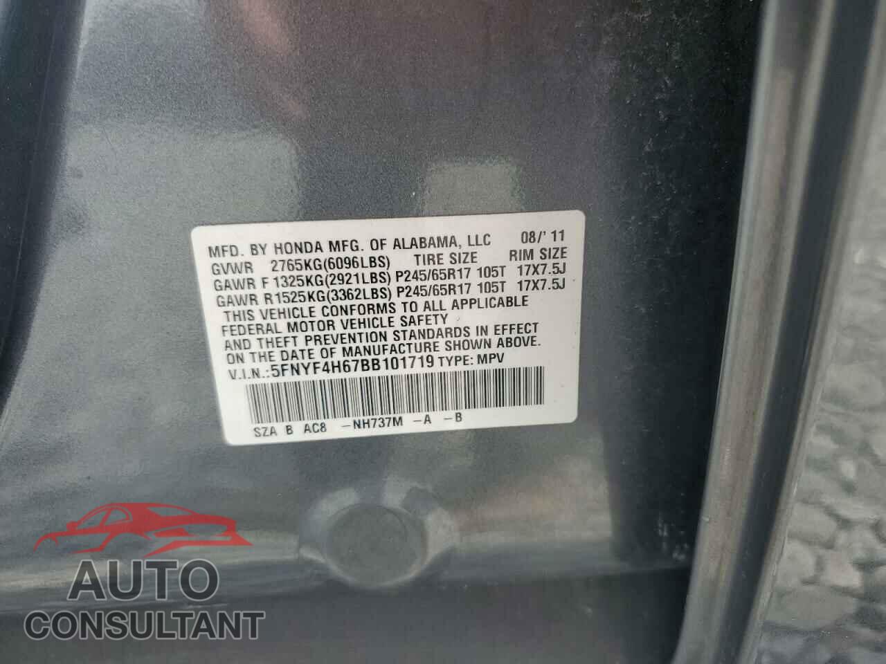 HONDA PILOT 2011 - 5FNYF4H67BB101719