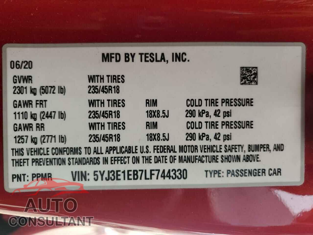 TESLA MODEL 3 2020 - 5YJ3E1EB7LF744330