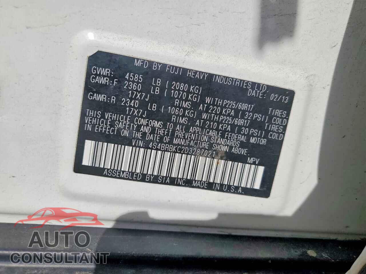 SUBARU OUTBACK 2013 - 4S4BRBKC2D3287021
