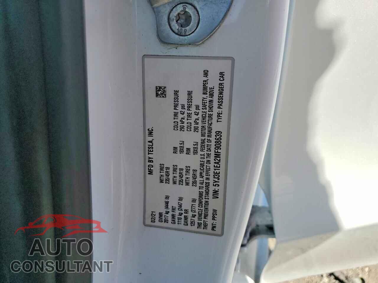 TESLA MODEL 3 2021 - 5YJ3E1EA2MF908639