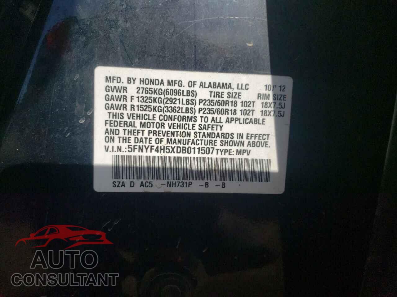 HONDA PILOT 2013 - 5FNYF4H5XDB011507