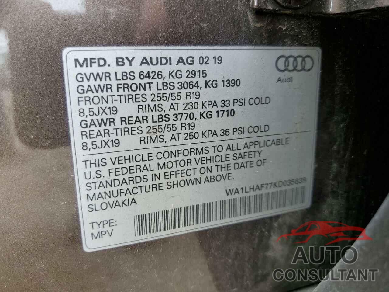 AUDI Q7 2019 - WA1LHAF77KD035639