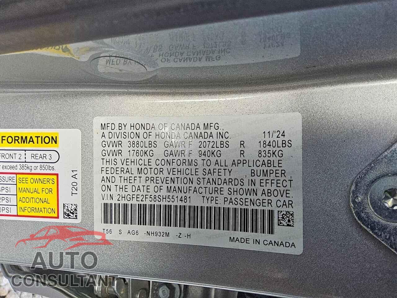 HONDA CIVIC 2025 - 2HGFE2F58SH551481