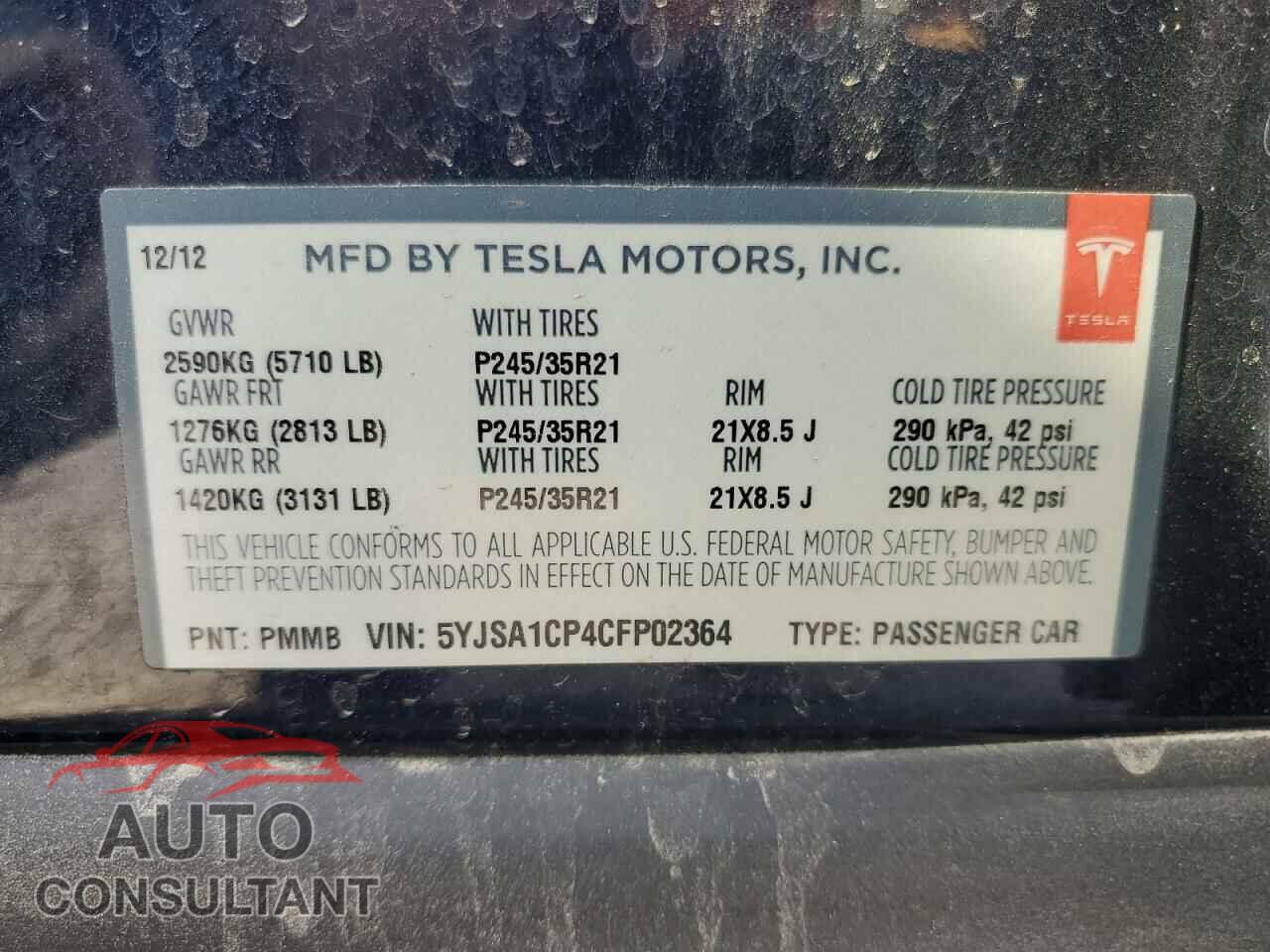 TESLA MODEL S 2012 - 5YJSA1CP4CFP02364
