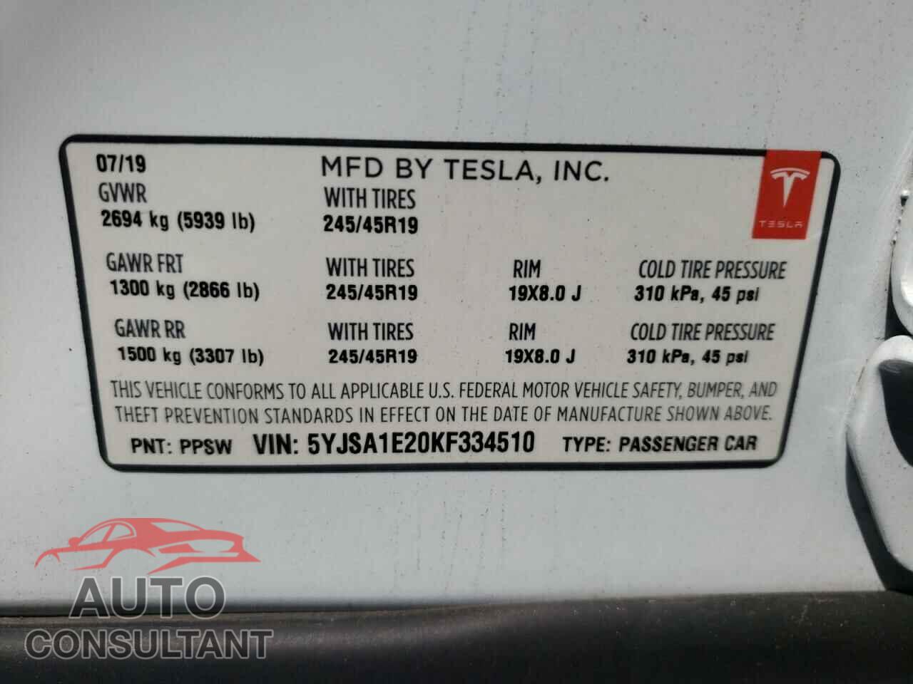 TESLA MODEL S 2019 - 5YJSA1E20KF334510