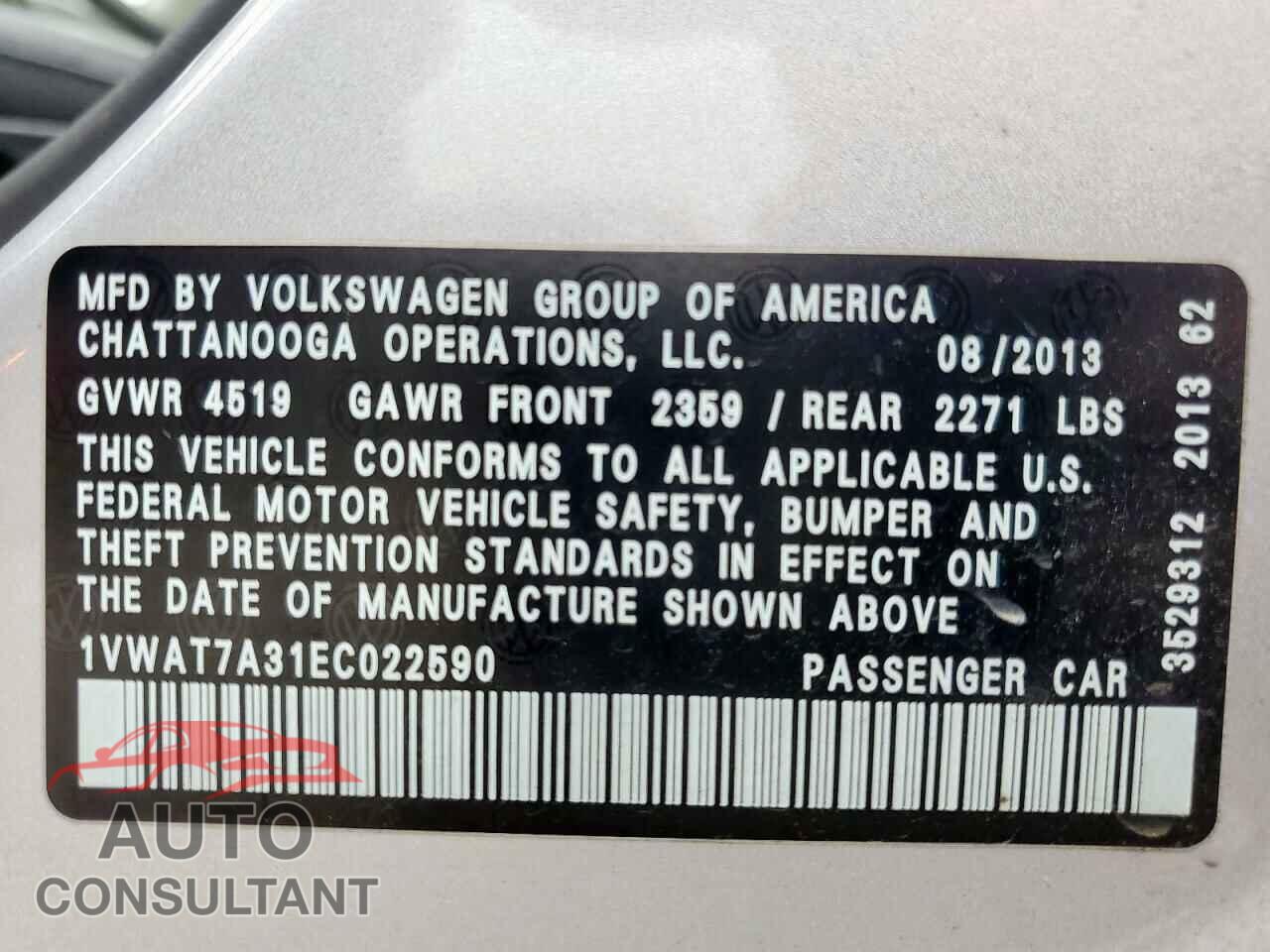 VOLKSWAGEN PASSAT 2014 - 1VWAT7A31EC022590