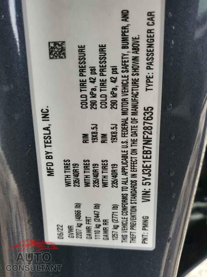 TESLA MODEL 3 2022 - 5YJ3E1EB7NF287635
