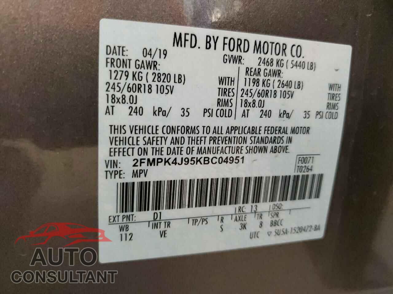 FORD EDGE 2019 - 2FMPK4J95KBC04951