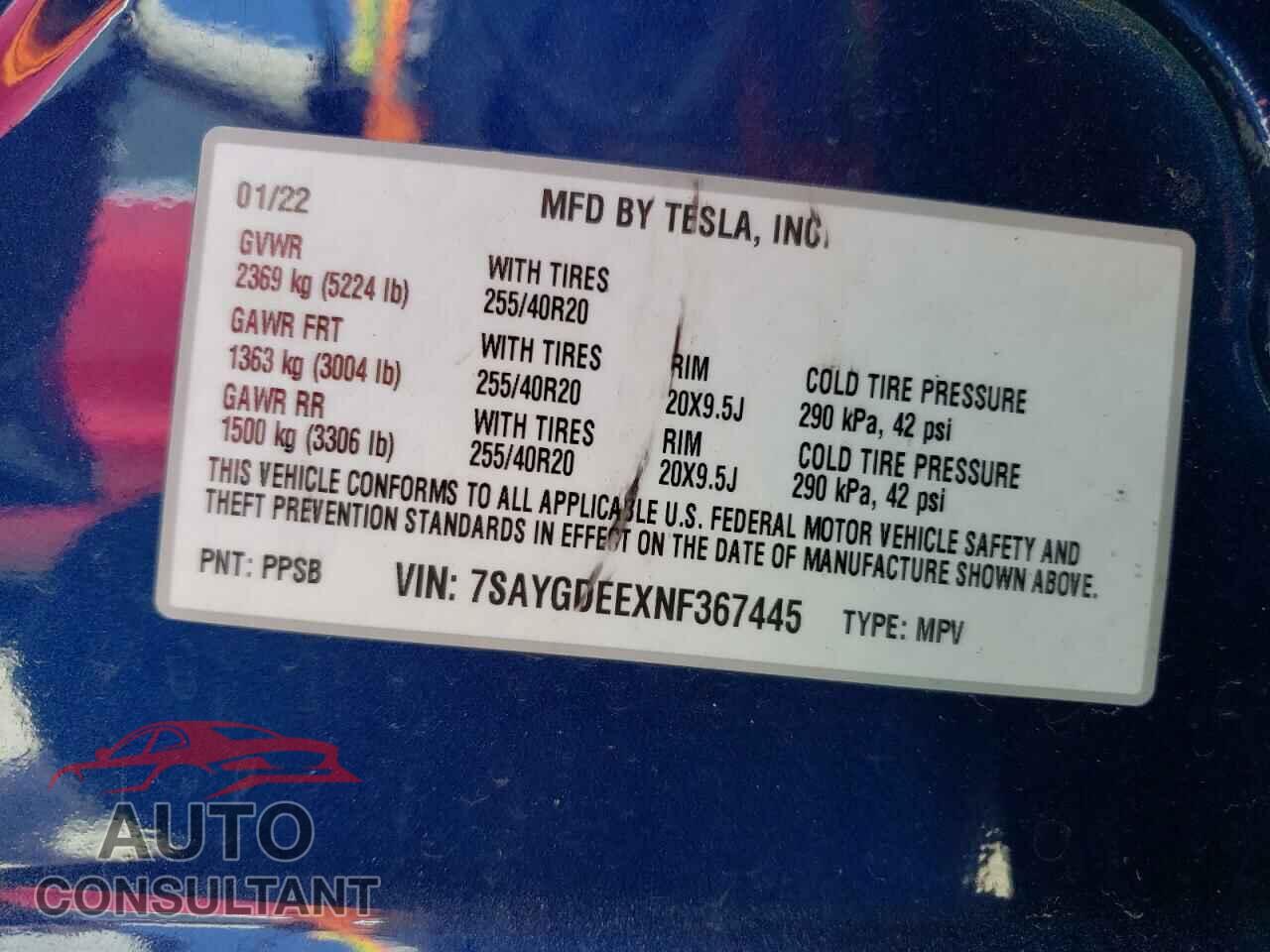 TESLA MODEL Y 2022 - 7SAYGDEEXNF367445