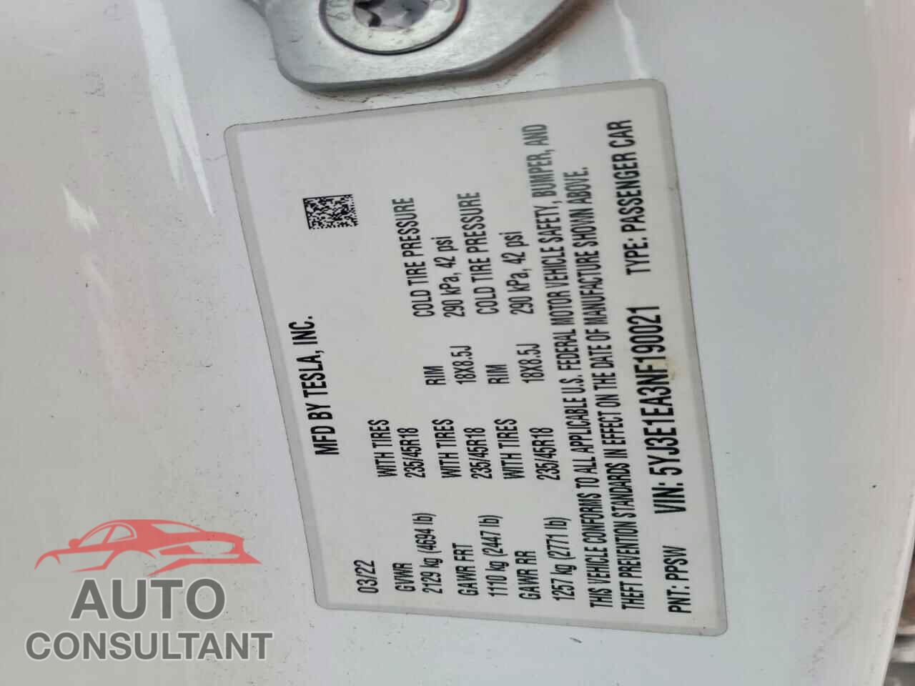TESLA MODEL 3 2022 - 5YJ3E1EA3NF190021
