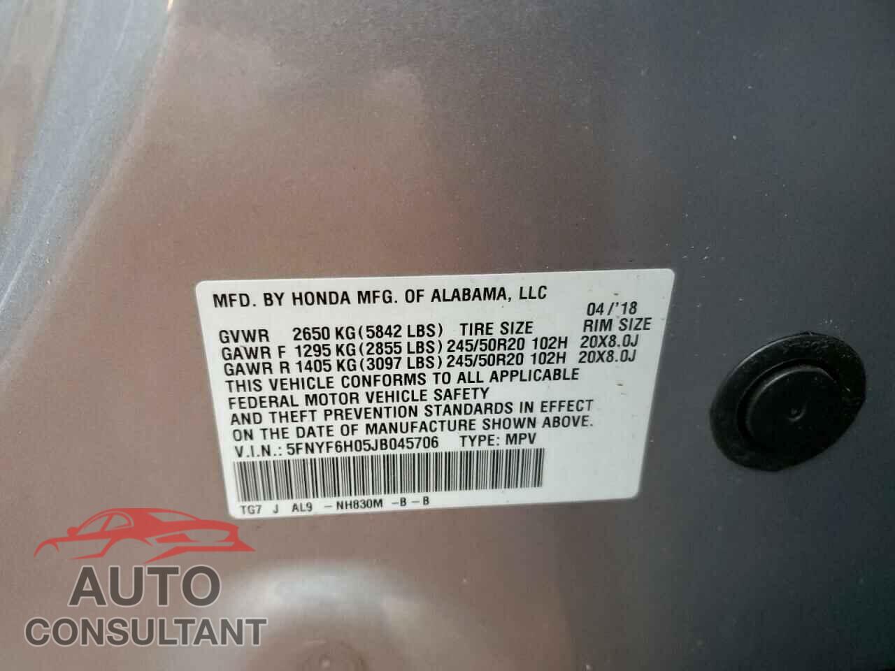 HONDA PILOT 2018 - 5FNYF6H05JB045706
