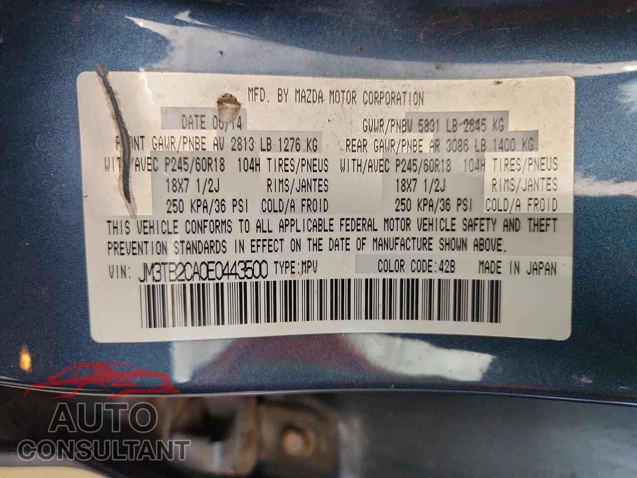 MAZDA CX-9 2014 - JM3TB2CA0E0443500