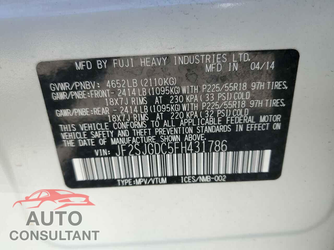 SUBARU FORESTER 2015 - JF2SJGDC5FH431786