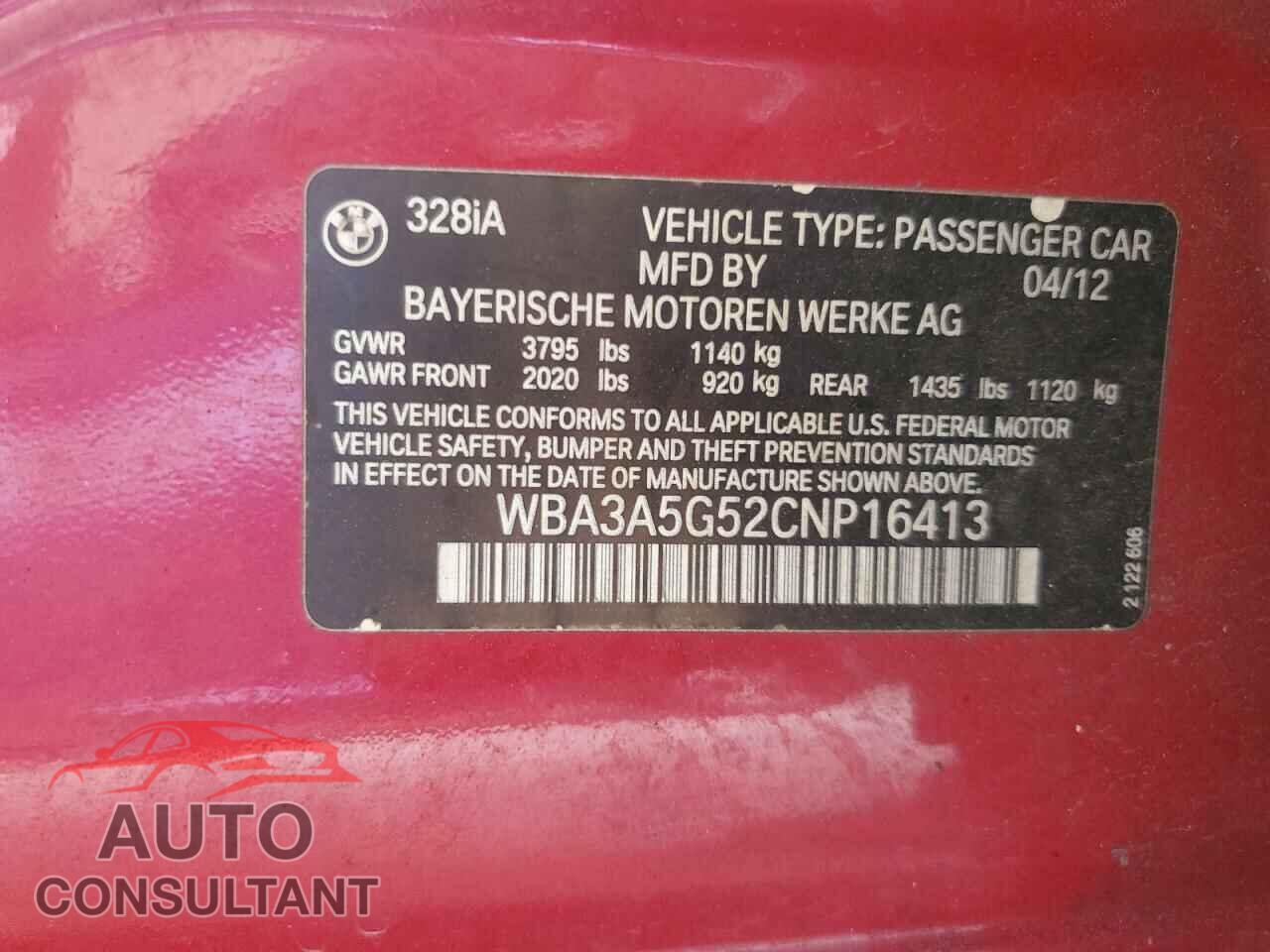 BMW 3 SERIES 2012 - WBA3A5G52CNP16413