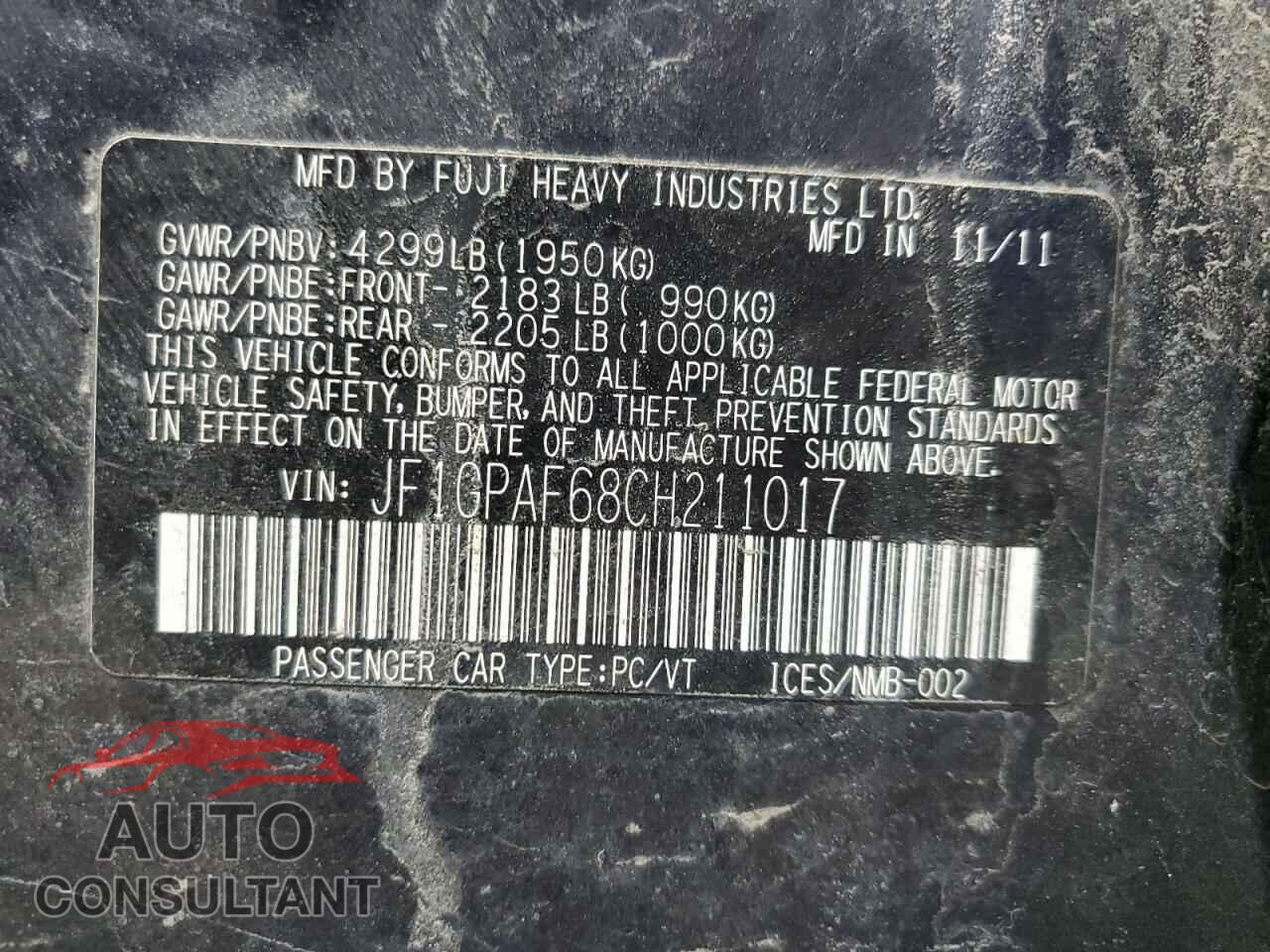 SUBARU IMPREZA 2012 - JF1GPAF68CH211017