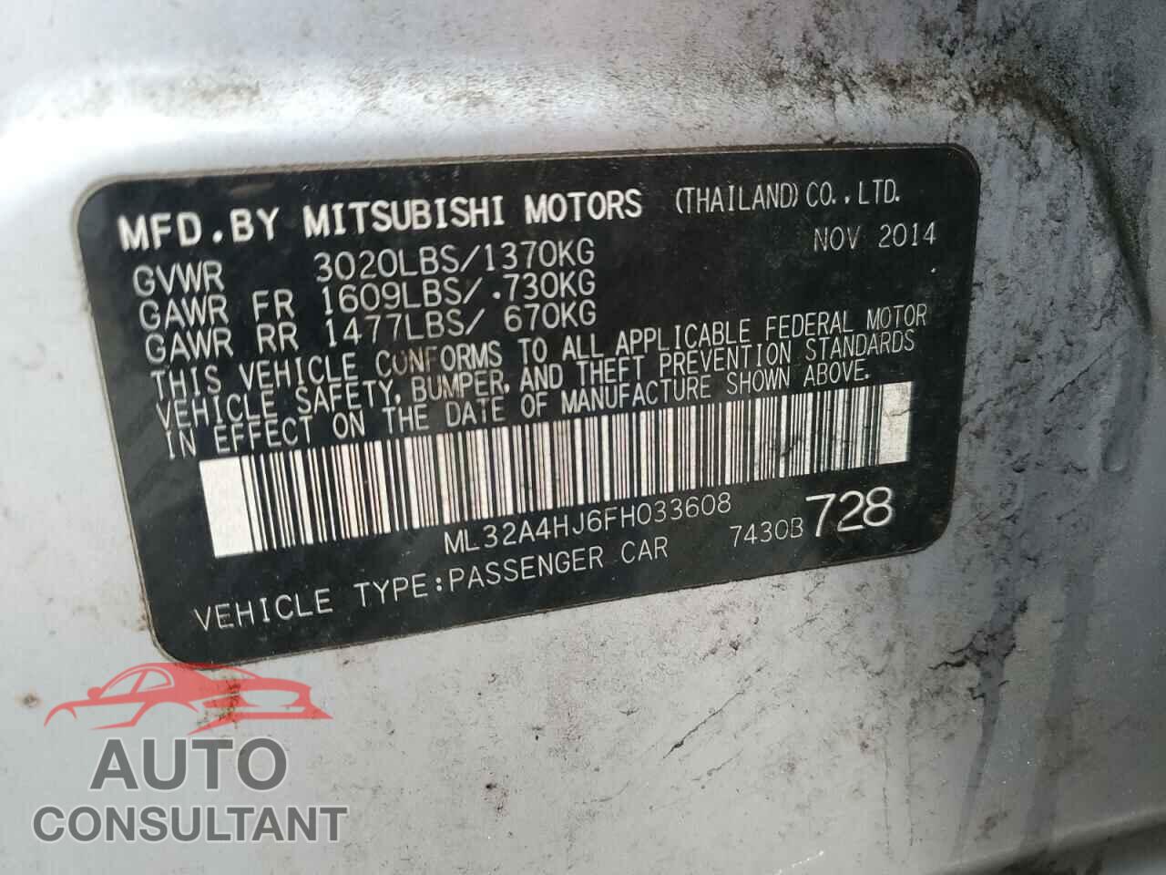 MITSUBISHI MIRAGE 2015 - ML32A4HJ6FH033608