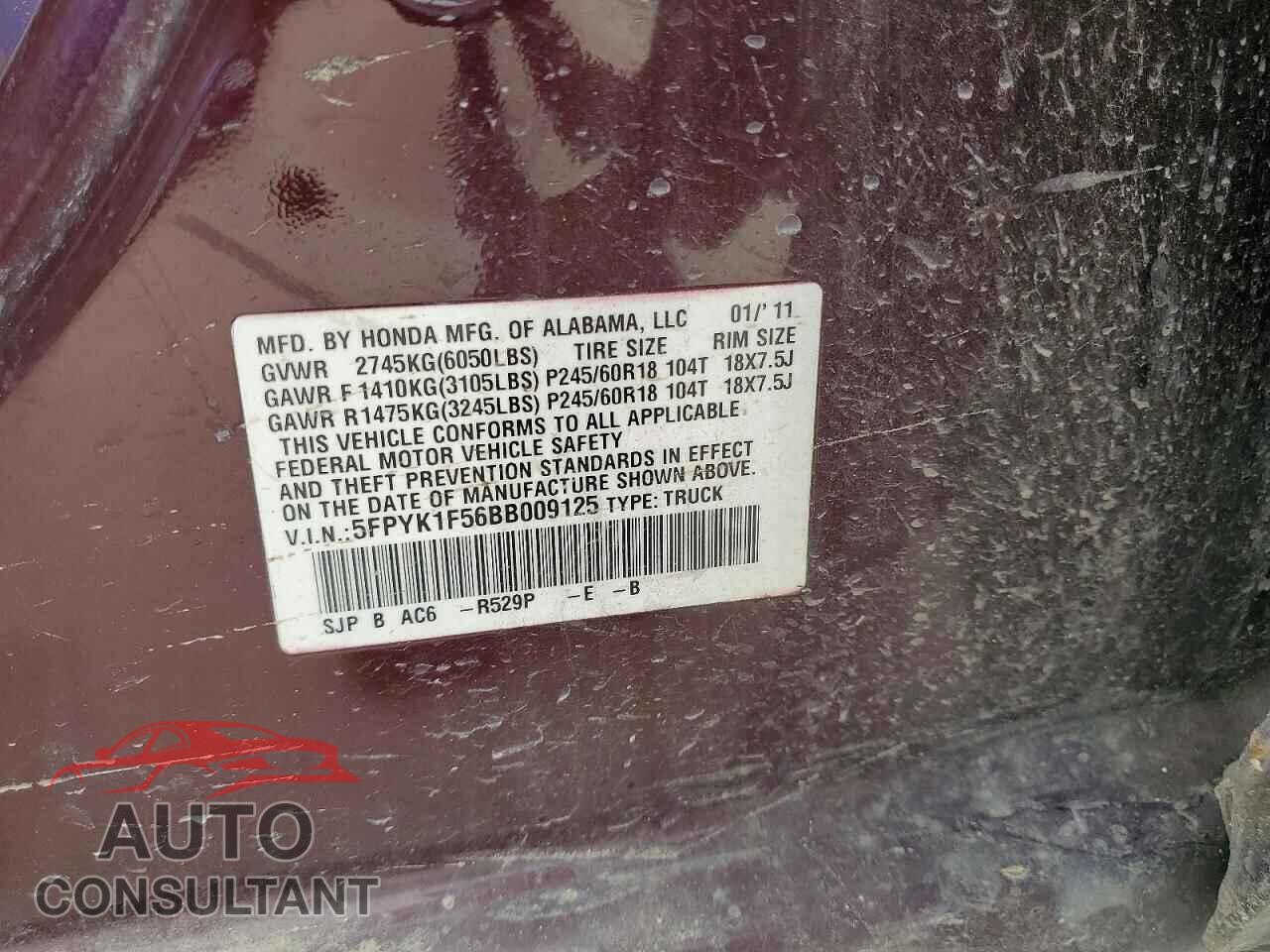 HONDA RIDGELINE 2011 - 5FPYK1F56BB009125