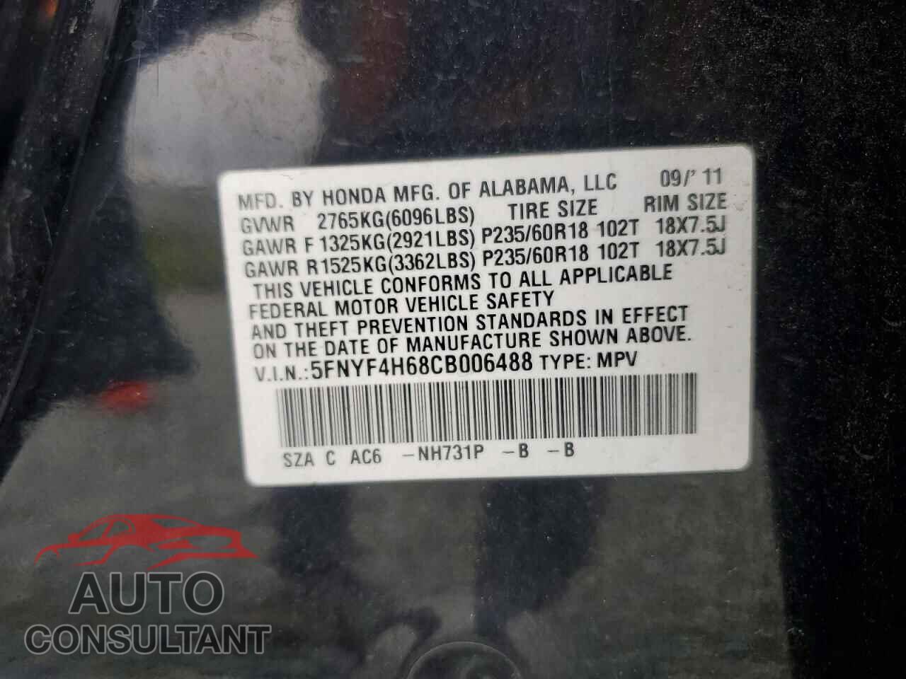 HONDA PILOT 2012 - 5FNYF4H68CB006488