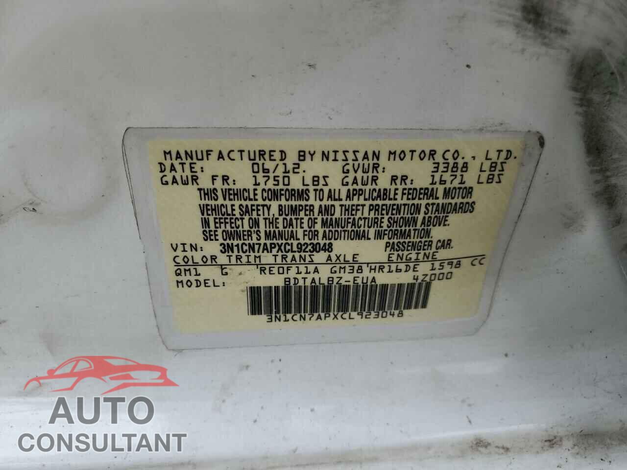 NISSAN VERSA 2012 - 3N1CN7APXCL923048