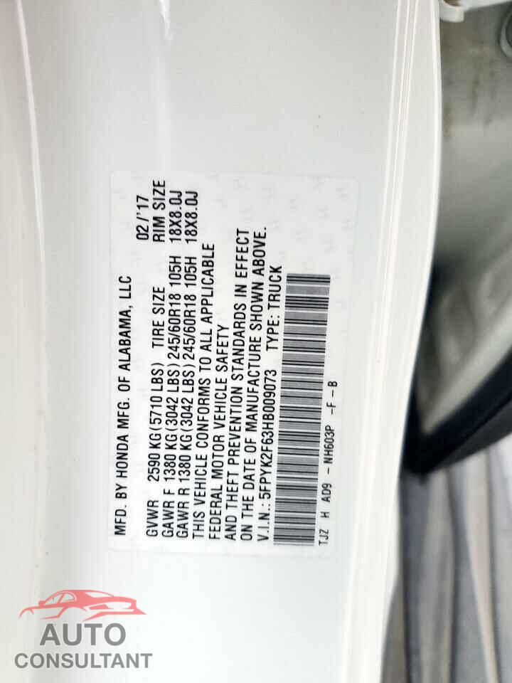 HONDA RIDGELINE 2017 - 5FPYK2F63HB009073